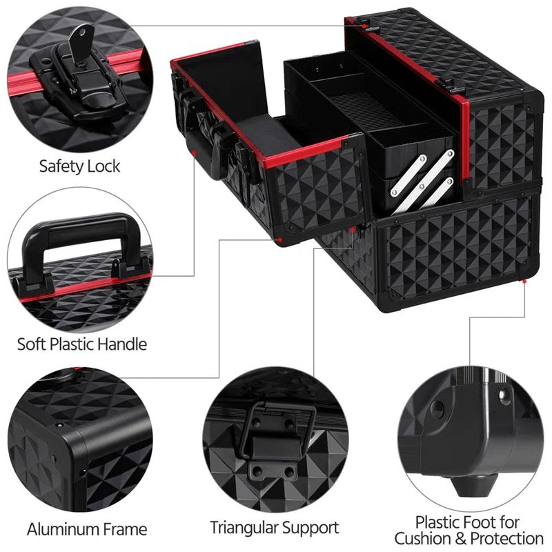 Yaheetech Professional Cosmetic Case (Lockable) - Red/Black, Silver/Black