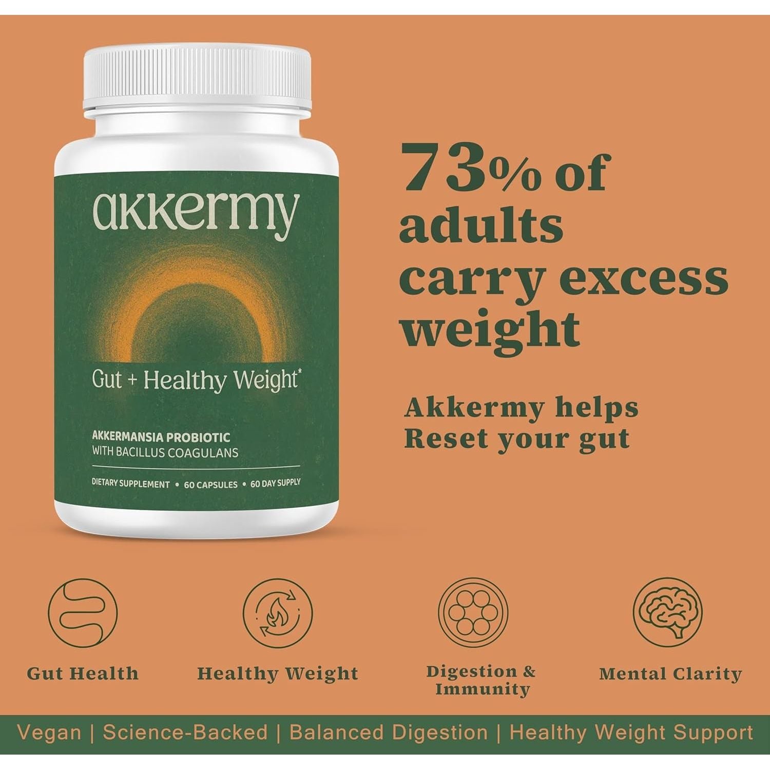 Akkermy Gut + Healthy Weight Akkermansia Probiotic – 60 Capsules, 60 Day Supply | Appetite Control & Healthy Weight Support