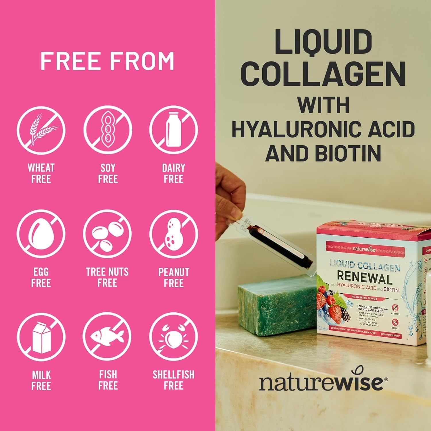 NatureWise Liquid Collagen RENEWAL With Hyaluronic Acid & Biotin (Mixed Berry) - 30 Liquid Tubes, 300ml