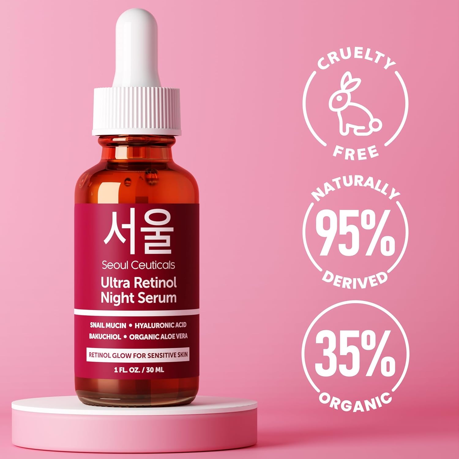 SeoulCeuticals Ultra Retinol Night Serum – 1oz | Anti-Aging Korean Formula with 1% Retinol, Snail Mucin & Bakuchiol
