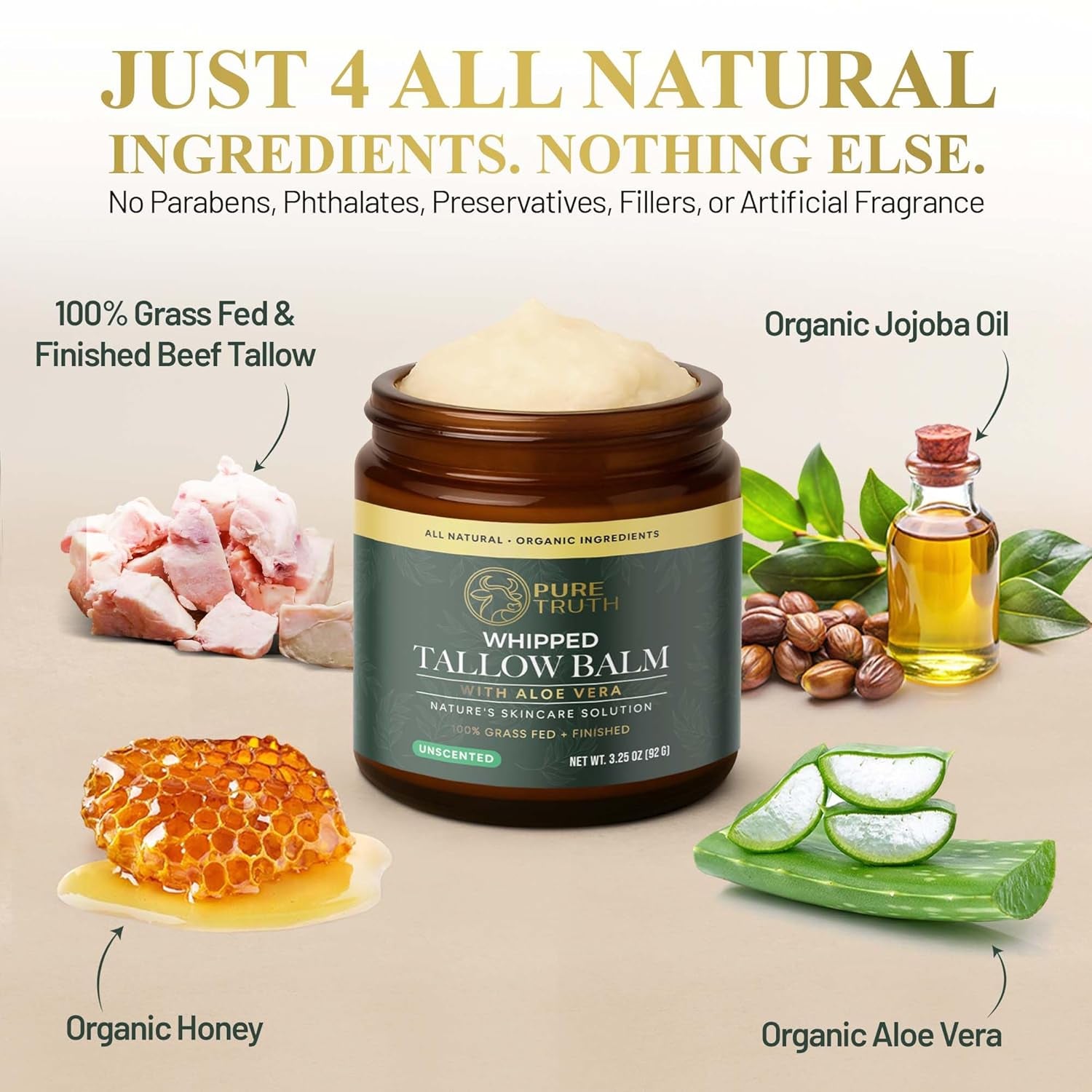 Whipped Tallow and Honey Balm (Unscented), Beef Tallow for Skin Care, Grass Fed + Finished Tallow Moisturizer Cream for Face & Body W/Organic Honey, Aloe Vera, Jojoba Oil, Men Women 3.25Oz