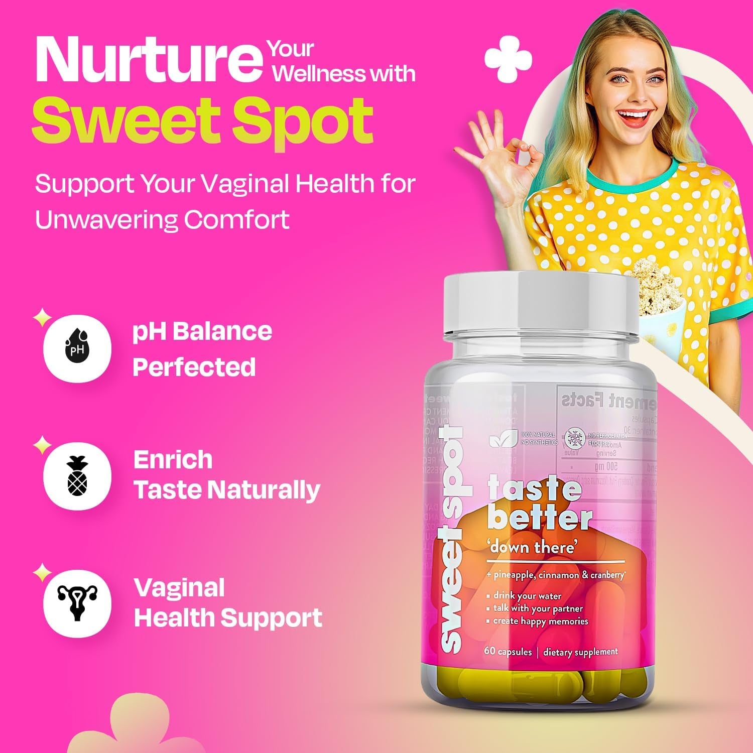 TASTE THE SWEET SPOT Taste Better – 60 Capsules | Daily Feminine Probiotic with Pineapple & Cranberry for Intimate Wellness & pH Balance