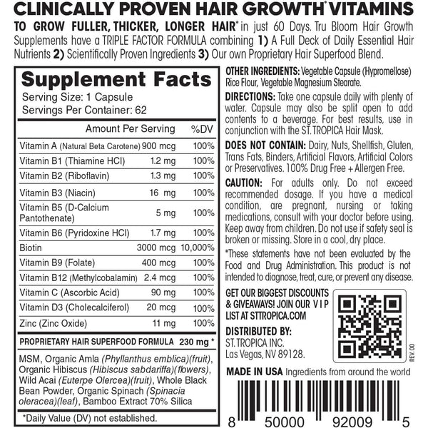 St. Tropica Tru Bloom Hair Growth Vitamins – 62 Capsules | Clinically Proven for Thicker, Fuller Hair in 60 Days