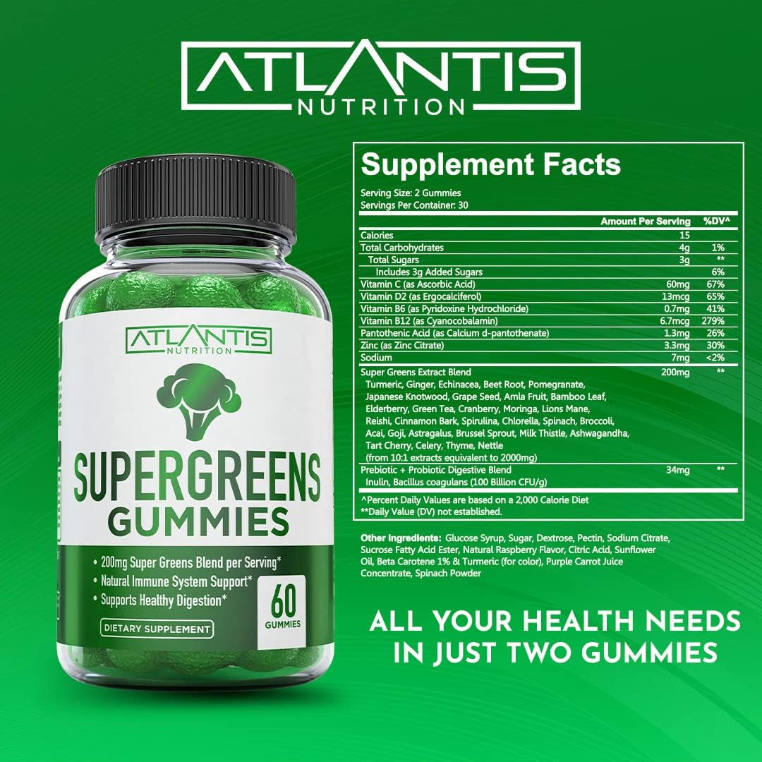 Atlantis Nutrition Supergreens Gummies – 60 Gummies | Immune Support, Gut Health & Superfood Nutrition