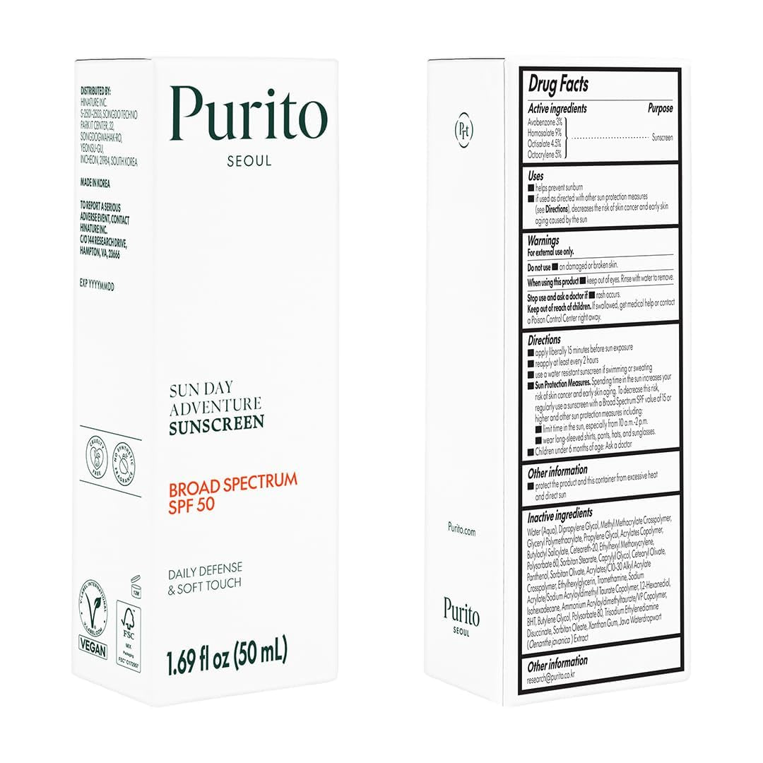PURITO Sun Day Adventure Sunscreen – 50ml | Lightweight SPF 50 Broad-Spectrum UV Protection