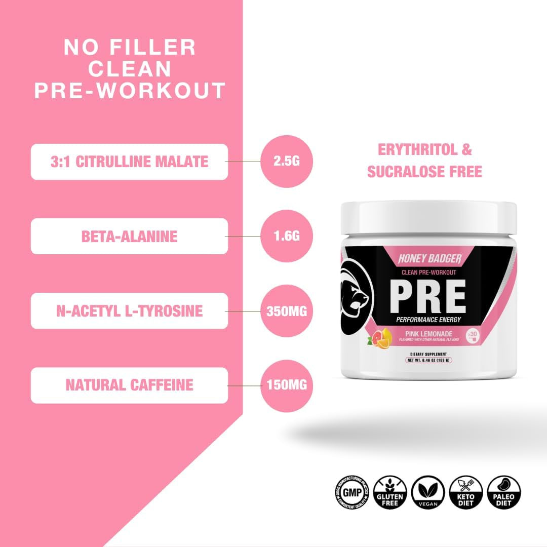 Honey Badger Clean Pre-Workout (Pink Lemonade Flavor) – 183g | Natural Energy, Focus & Endurance with Zero Crash