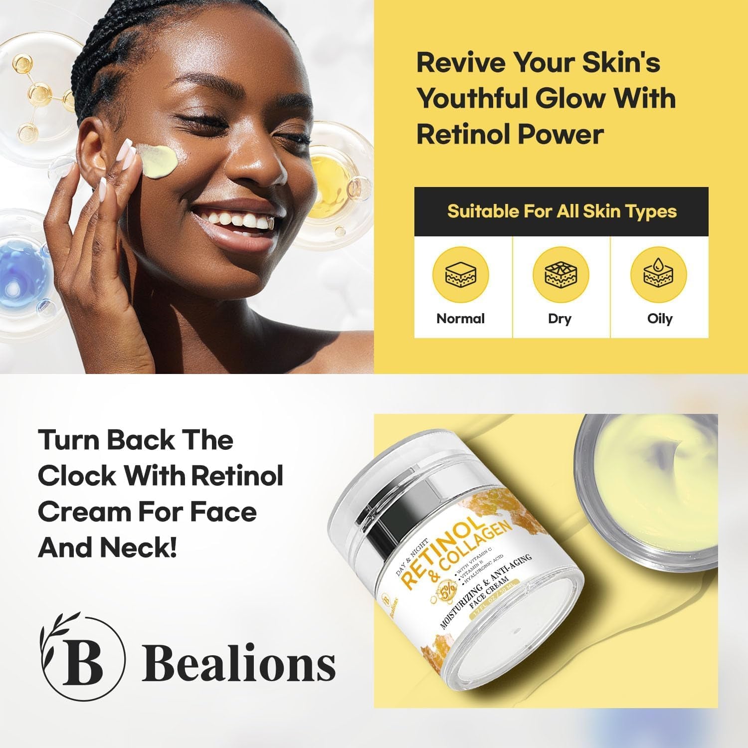 Bealions Day & Night Retinol & Collagen Moisturizing & Anti-Aging Face Cream – 50ml | Firm, Lift & Hydrate