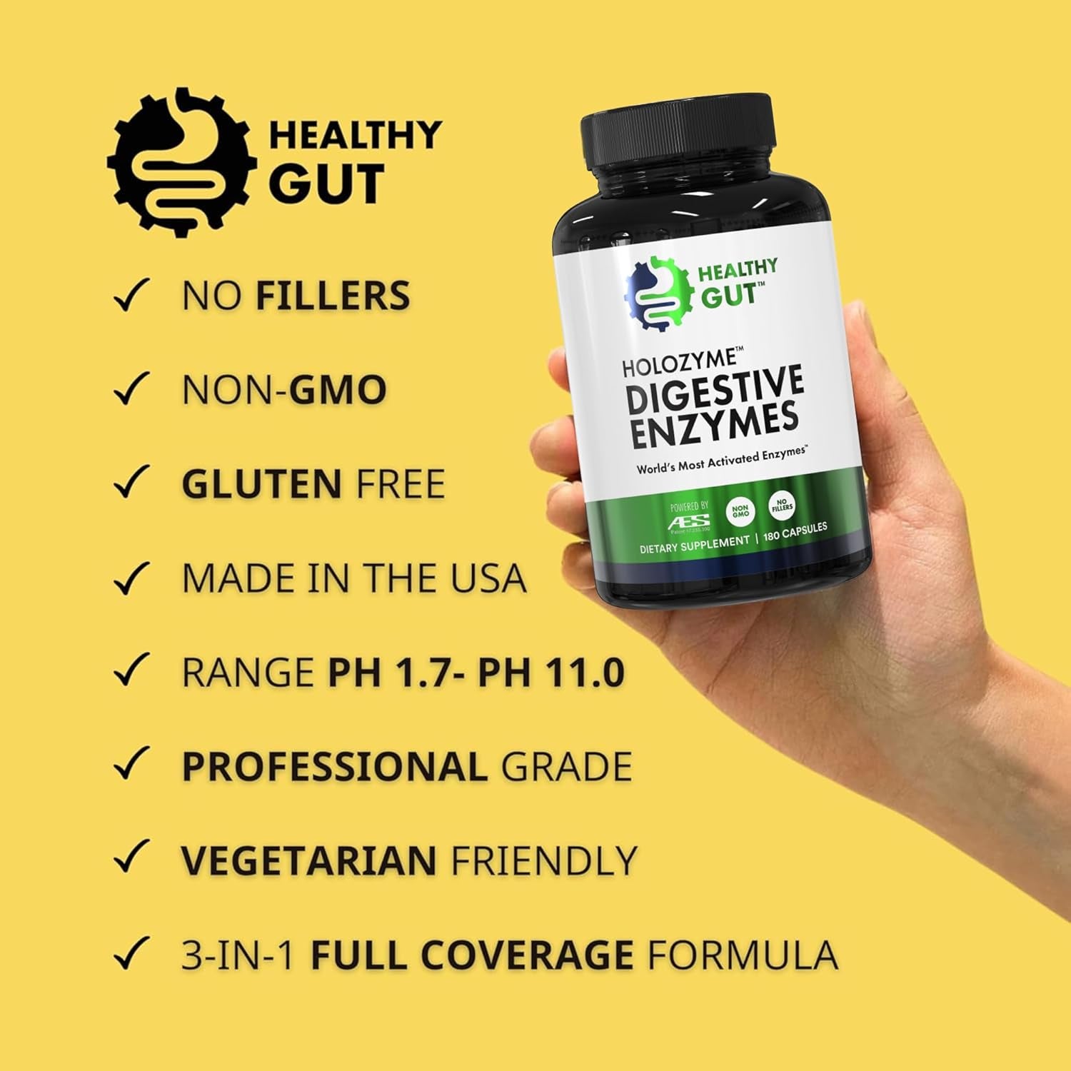 Healthy Gut HoloZyme Digestive Enzymes – 180 Capsules (90 Servings) | Clinically Proven Relief for Bloating, Gas & Gut Discomfort