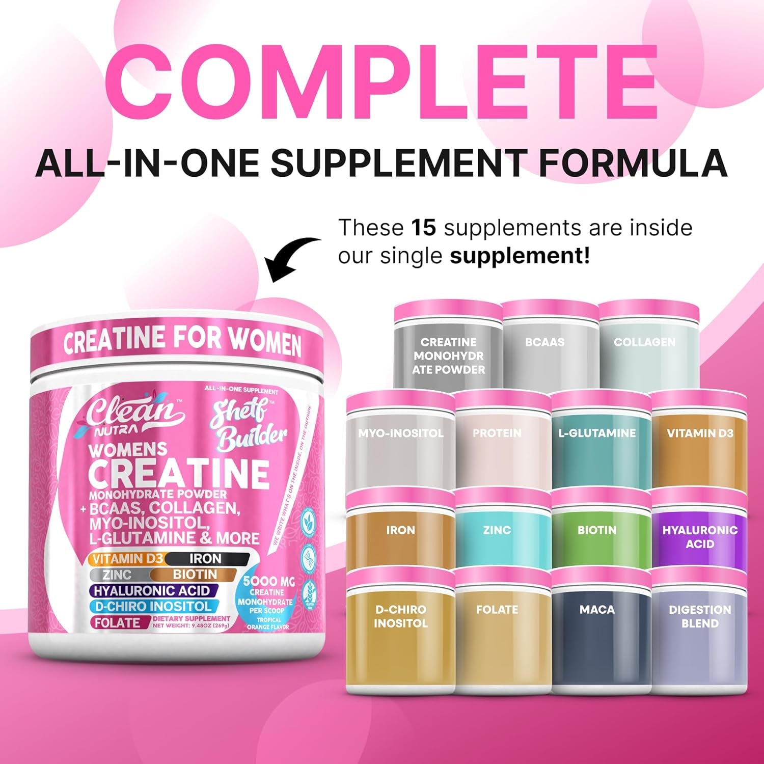 Clean Nutraceuticals Women’s Creatine – 269g | Tropical Orange – Creatine + Collagen, BCAAs, Biotin & Vitamins for Muscle, Recovery & Beauty