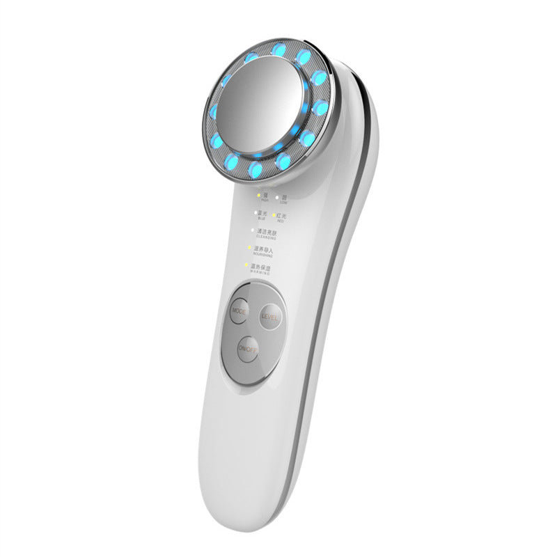 7-in-1 Electric Facial Cleanser & Beauty Device – Iontophoresis, LED Light Therapy & Essence Infusion | Rechargeable Home Spa Tool (White)
