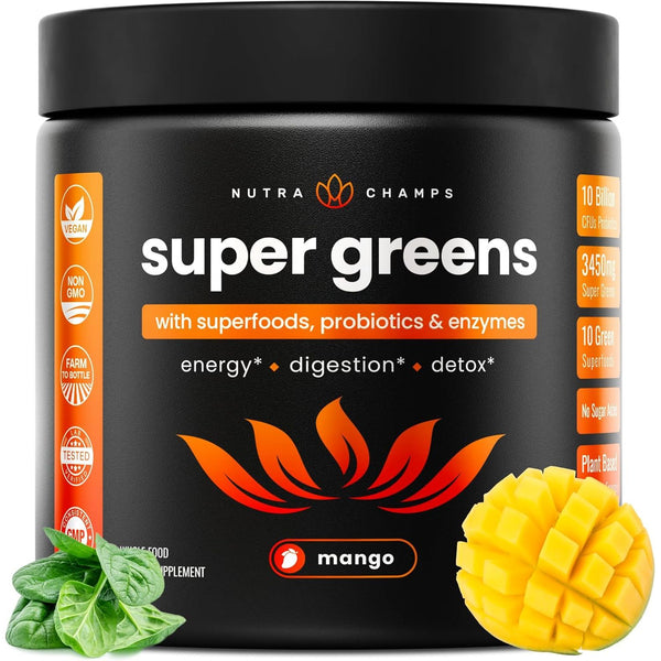 NutraChamps Super Greens Powder | Mango Flavor– 249g, 30 Servings | 40+ Nutrients & Probiotics