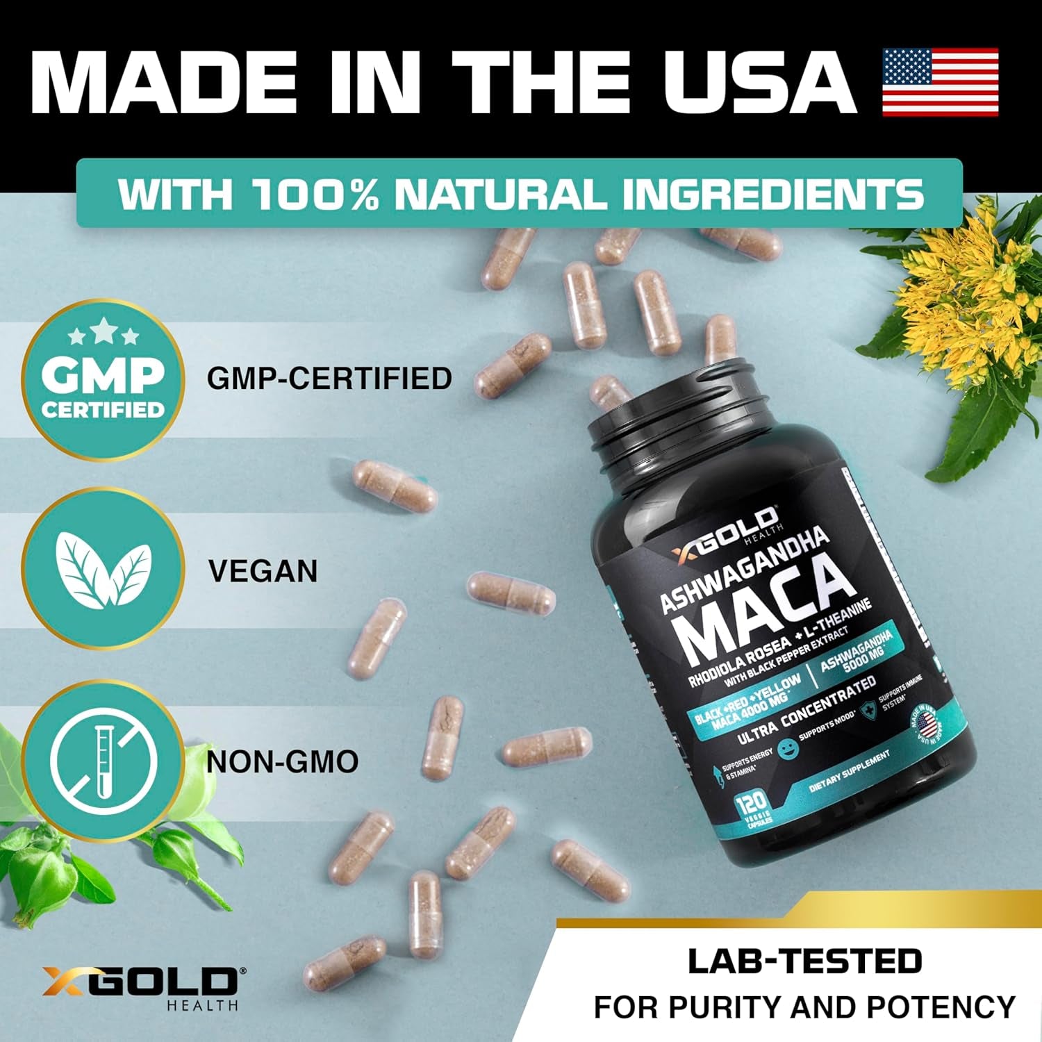 X Gold Health Ashwagandha Maca – 120 Capsules | Energy, Hormone Balance & Mood Support