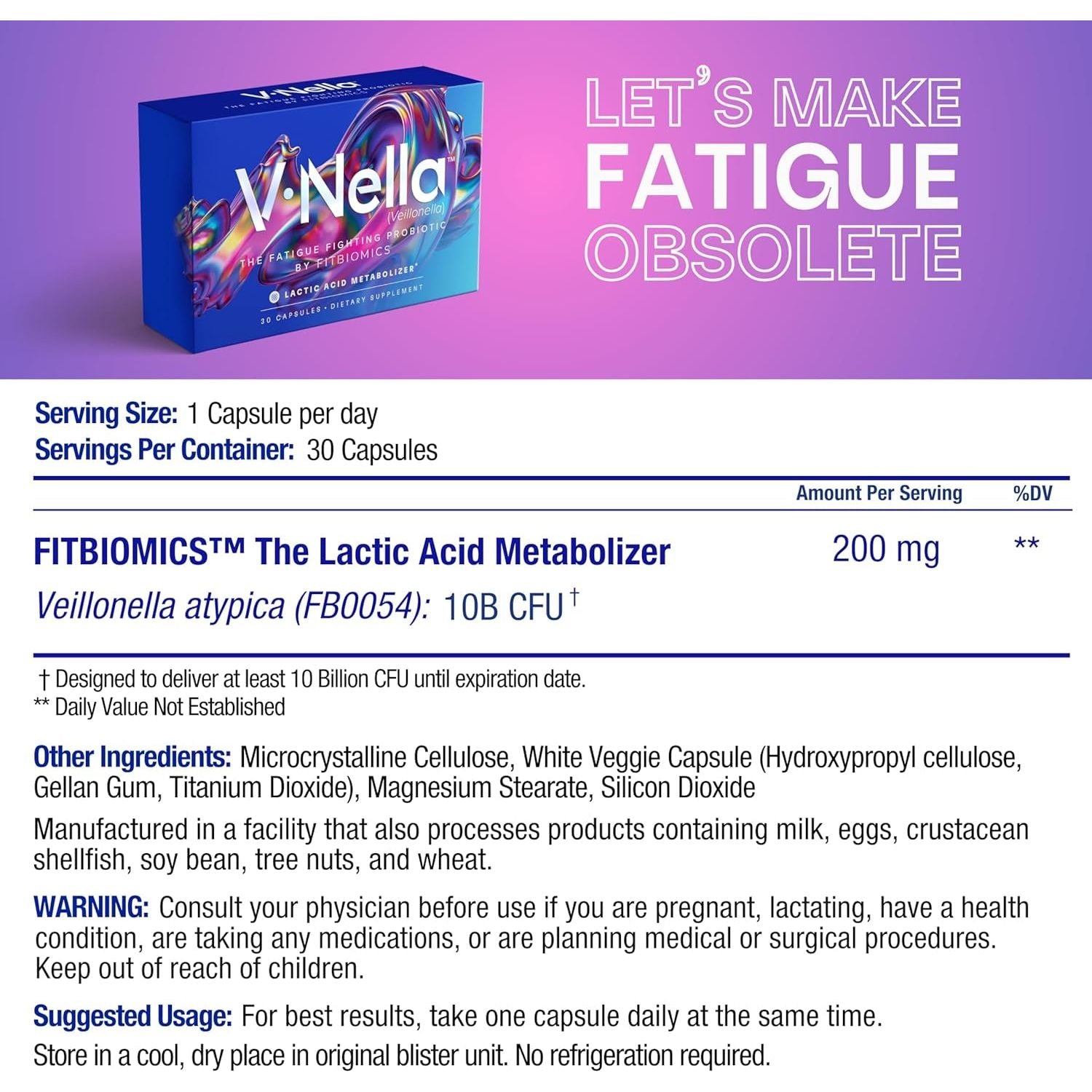 FitBiomics V-Nella™ The Fatigue-Fighting Probiotic – 30 Capsules | Energy & Endurance Support
