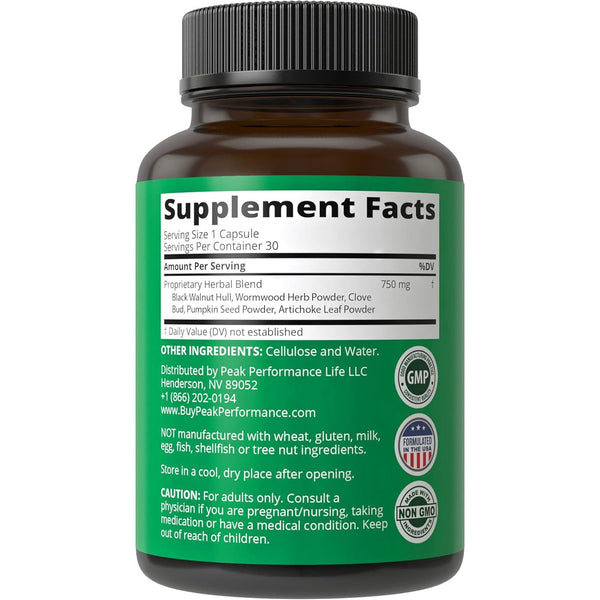 Peak Performance Black Walnut, Wormwood, Clove Bud & Pumpkin Seed Cleanse – 30 Capsules | Herbal Detox & Digestive Support