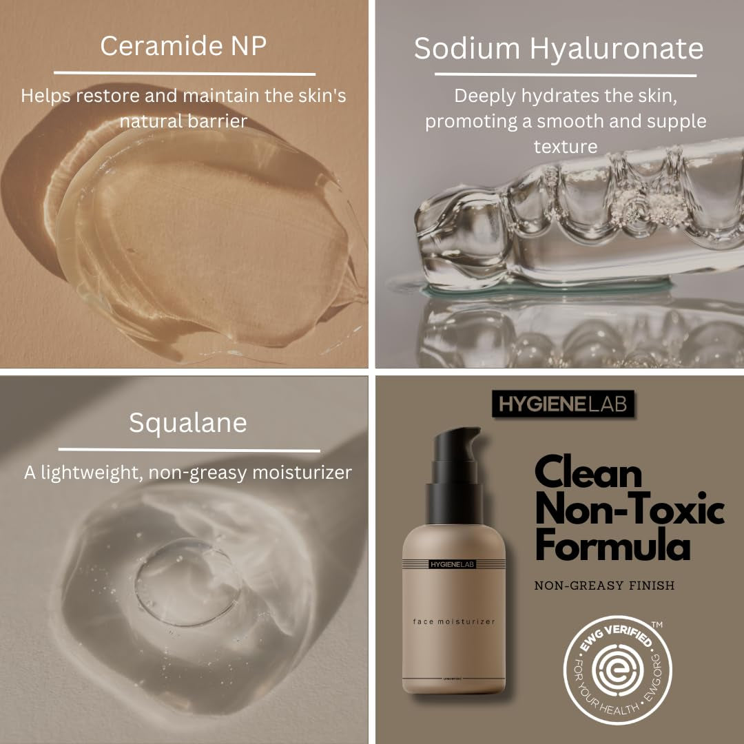 Face Moisturizer - EWG Verified, Unscented, Non-Greasy Hydration with Squalane, Aloe Vera, Ceramides & Hyaluronic Acid - 1.7 Fl Oz