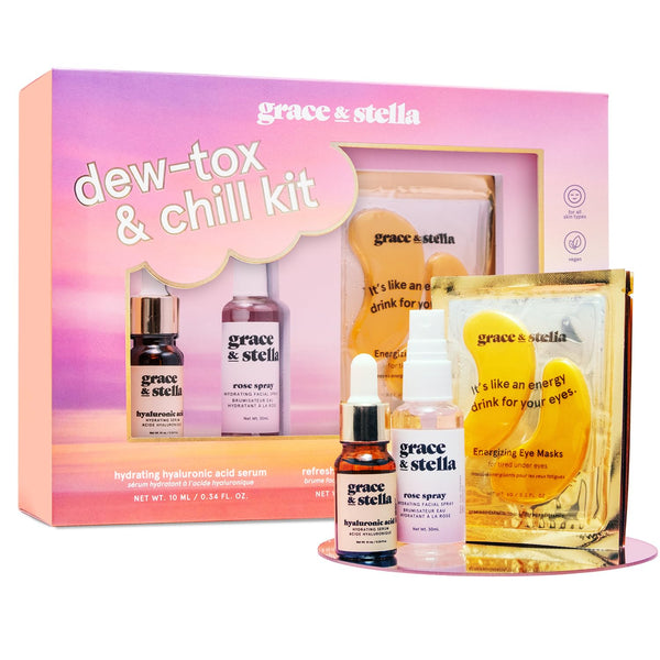 grace & stella Dew-Tox & Chill Kit | Hydrating Skincare Gift Set with Eye Masks, Hyaluronic Acid & Rosewater Spray