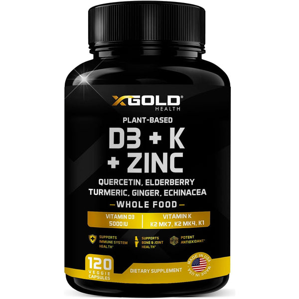X Gold Health Plant-Based D3 + K + Zinc – 120 Capsules | 8-in-1 Immune, Bone & Heart Support
