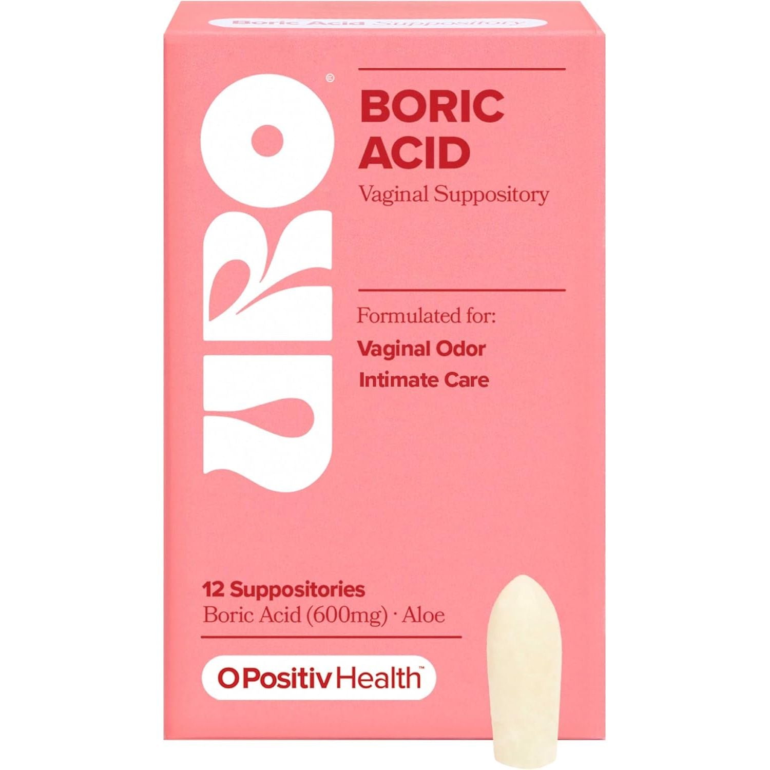 O Positiv URO Boric Acid Vaginal Suppositories – 12 Count | Fast Relief & Odour Control with Lactic Acid + Aloe