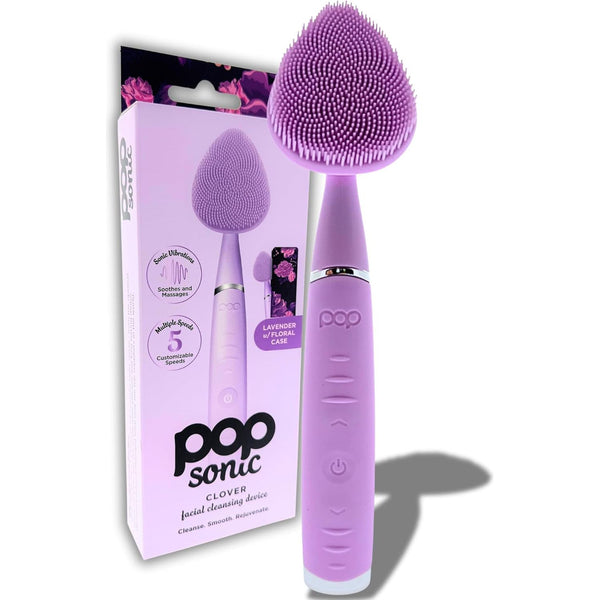 Pop Sonic Clover Facial Cleansing Device (Lavender) | 5-Speed Silicone Vibrating Face Brush for Deep, Gentle Cleansing