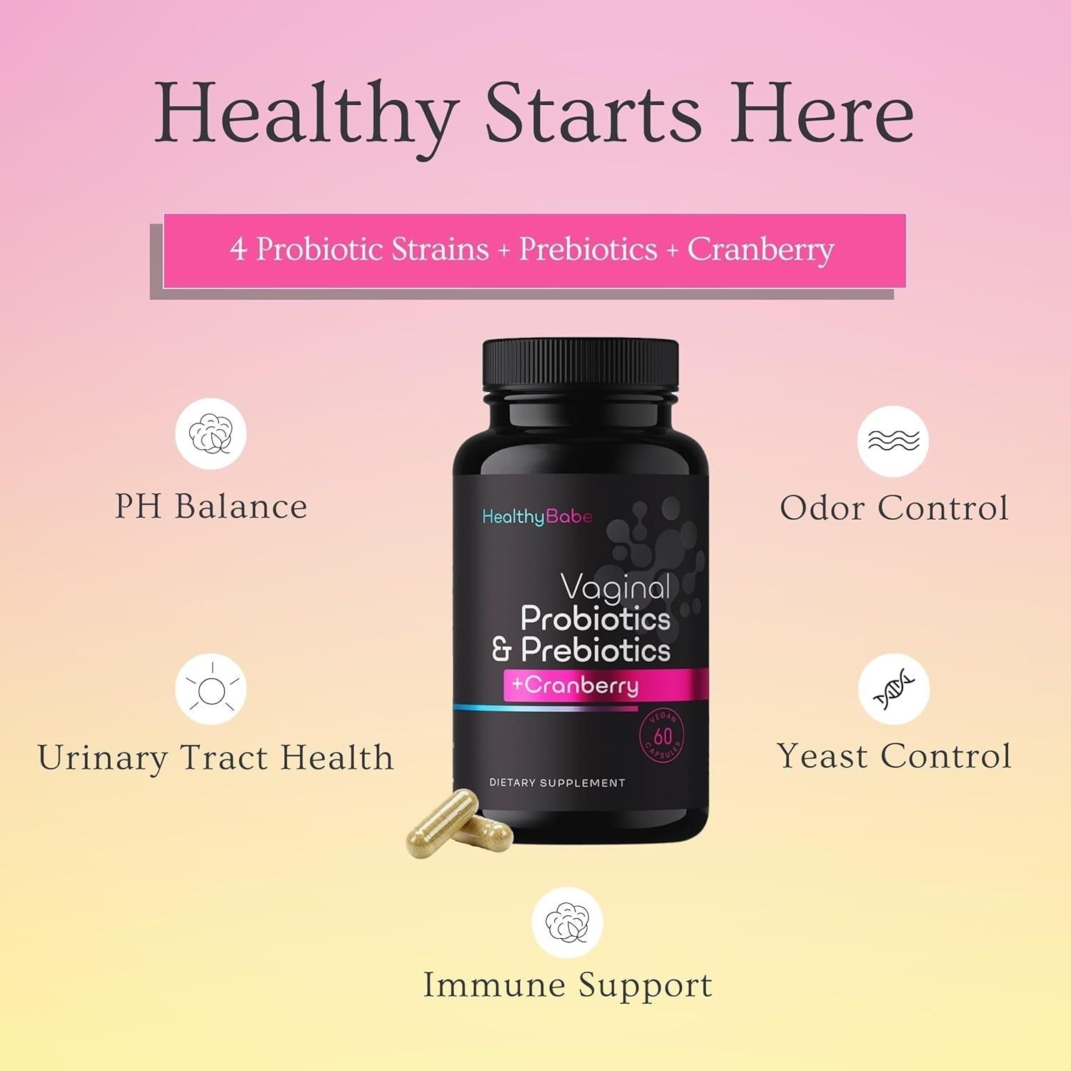 Healthy Babe Vaginal Probiotics & Prebiotics + Cranberry – 60 Capsules | Feminine Balance & Odor Control