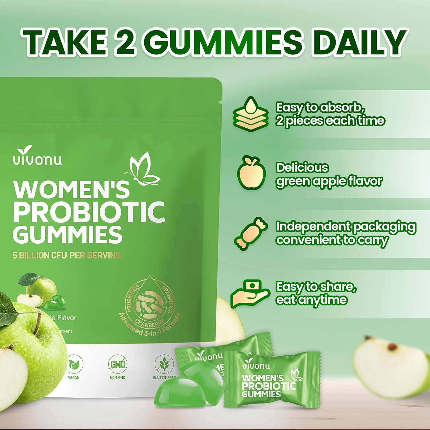 VivoNu Women’s Probiotic Gummies (Green Apple Flavor) – 60 Gummies | Vaginal Balance, pH Support & Digestive Wellness