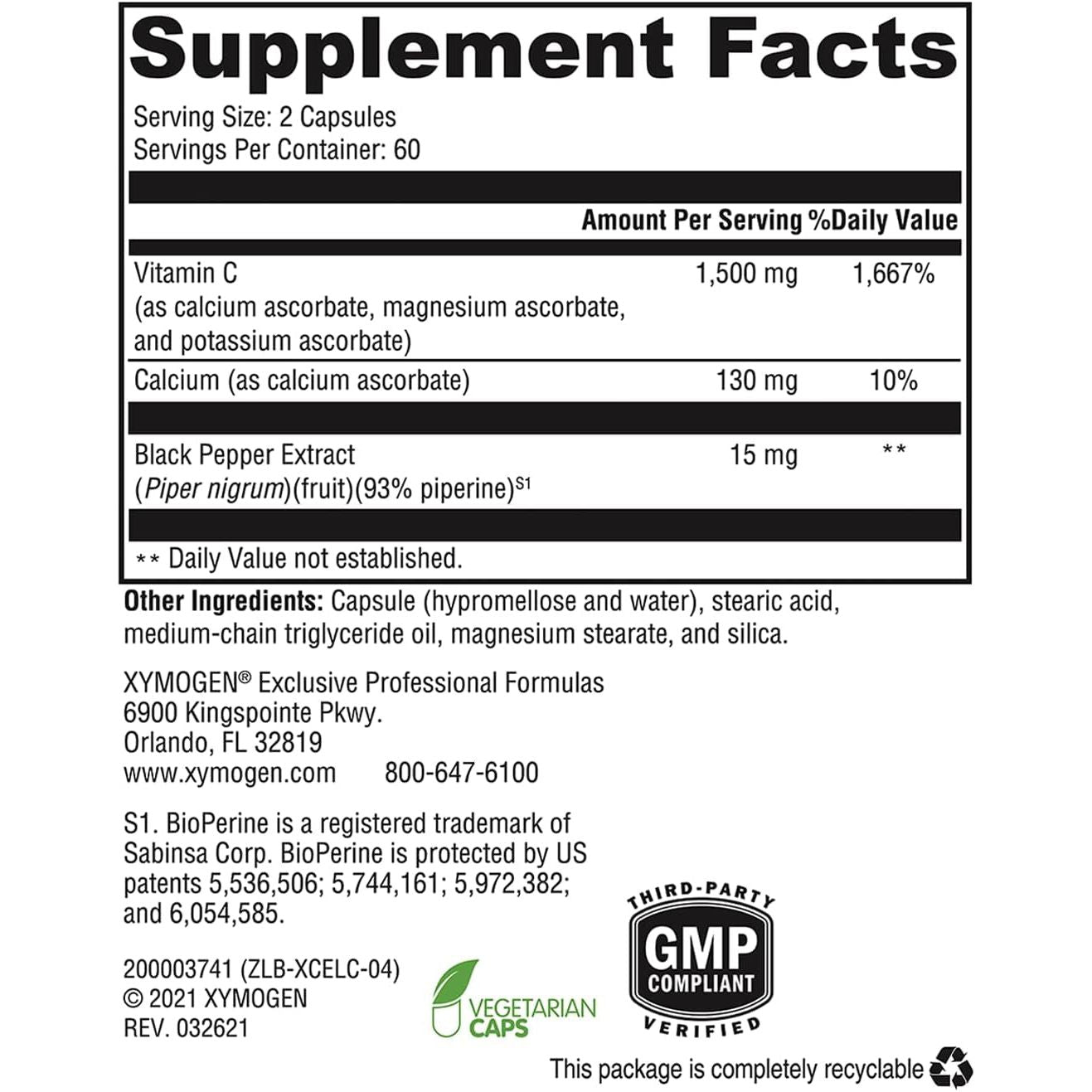 XYMOGEN Xcellent C – 120 Capsules | High-Potency Buffered Vitamin C with BioPerine® for Immune Support & Collagen Boost