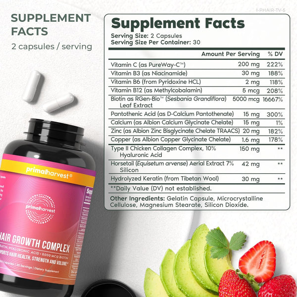 Primal Harvest Hair Growth Complex – 60 Capsules | Biotin, Keratin & Silica for Fuller, Healthier Hair