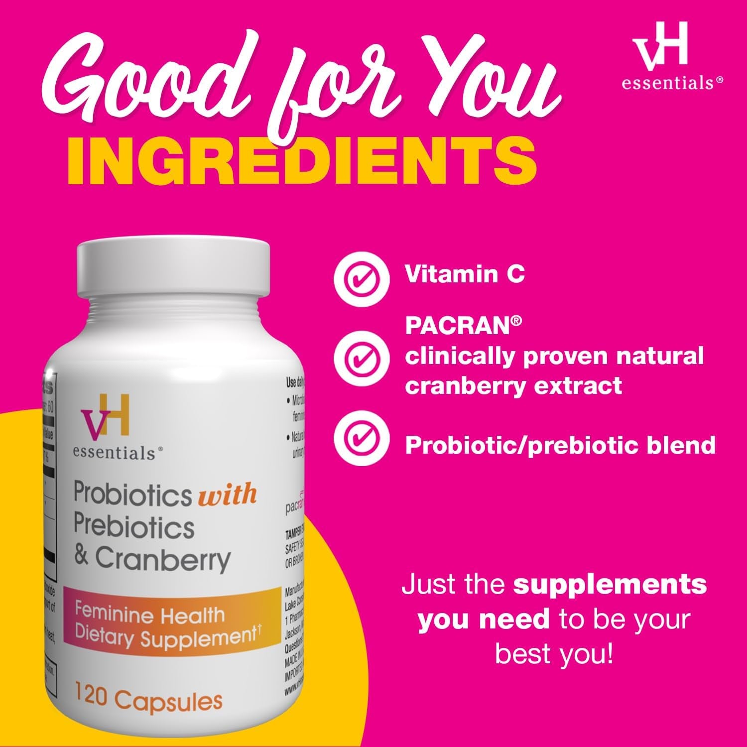 vH essentials Probiotics with Prebiotics & Cranberry – 120 Capsules | Triple-Action Feminine & Urinary Tract Health Support