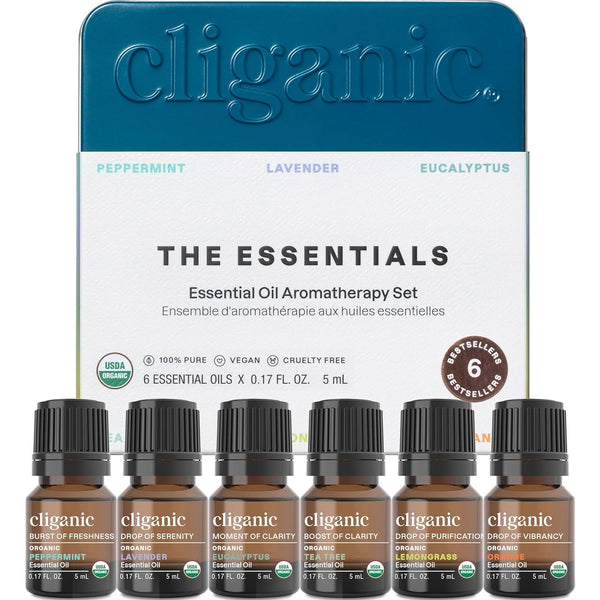 Cliganic The Essentials Essential Oil Aromatherapy Set – 6 x 5ml | 100% Pure, USDA Organic Oils for Diffusing, Relaxation & Wellness