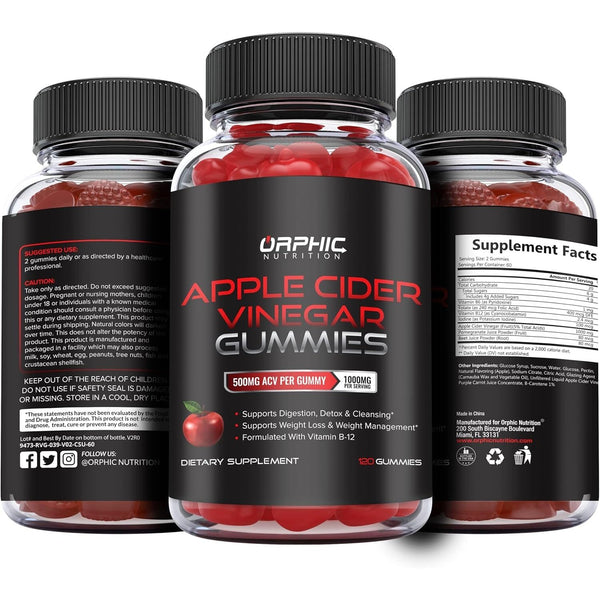 ORPHIC NUTRITION Apple Cider Vinegar Gummies – 120 Gummies | 1000mg ACV with Vitamin B12 for Digestion, Energy & Weight Support