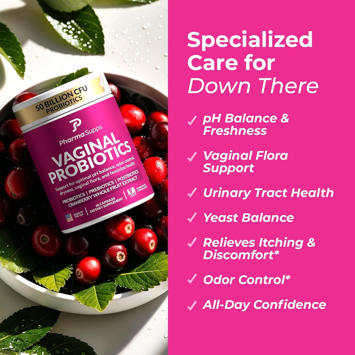 PharmaSupps Vaginal Probiotics – 60 Capsules | 50 Billion CFU + Prebiotics, Cranberry & pH Balance Support