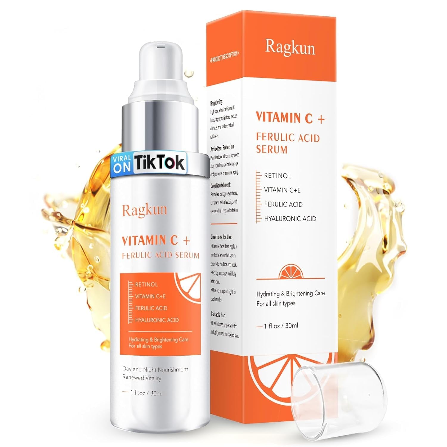 20% Vitamin C Serum, Retinol Serum for Face, Dark Spot Remover for Face, CE Ferulic Acid, Hyaluronic Acid, Hydrate & Plump Skin Care anti Aging Wrinkle Brightening Skincare -1 Fl Oz.