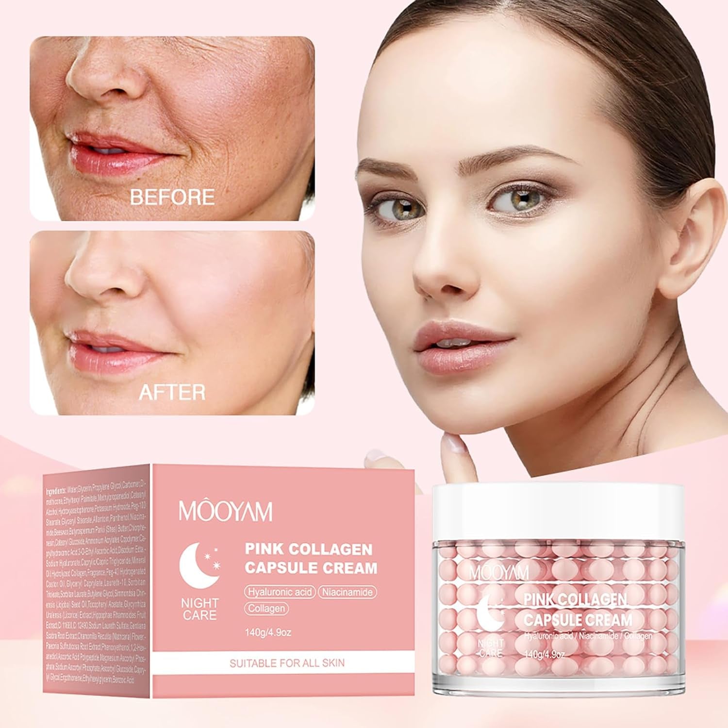 GUOYAOLIFU Pink Collagen Capsule Cream – 140g | Hydrating, Firming & Radiance Boosting