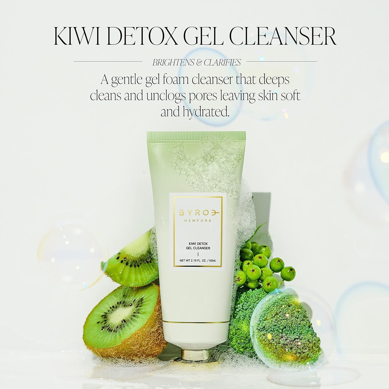 BYROE Kiwi Detox Gel Cleanser – 65ml | Pore-Clearing, Brightening Gel-to-Foam Cleanser