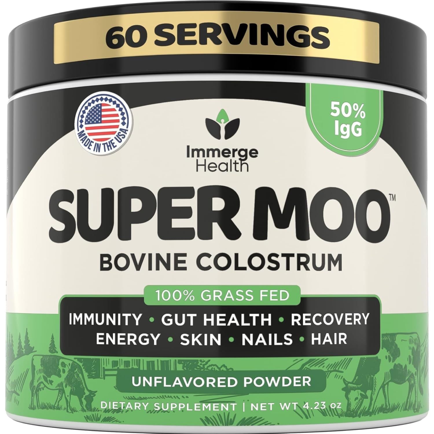 ImmergeHealth 100% Grass-Fed Super Colostrum Powder – 120g | Gut, Immune & Beauty Support | Unflavored, First Milking