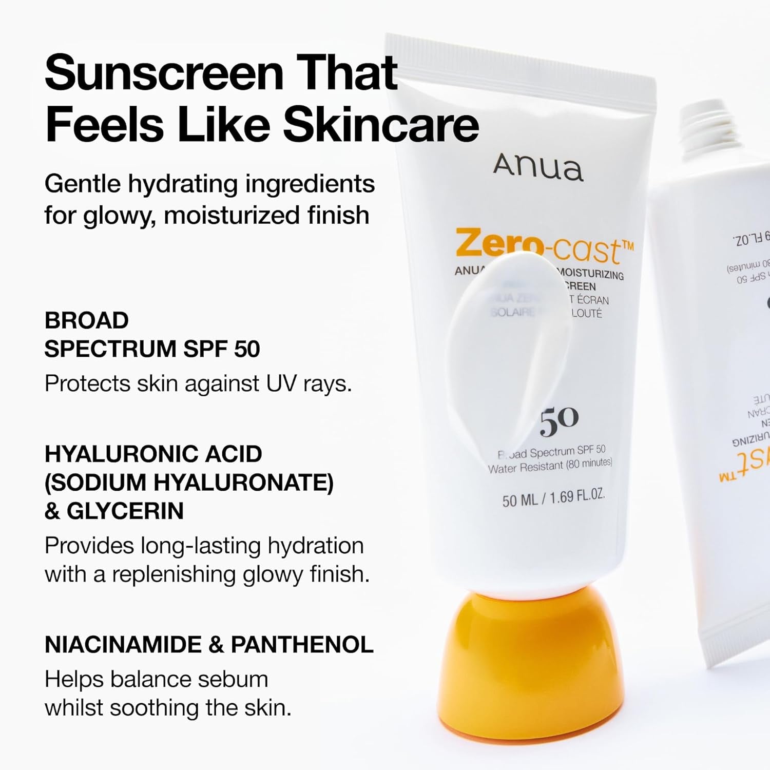 Anua Zero-Cast Moisturizing Finish Sunscreen SPF 50 – 50ml | No White Cast, Hydrating & Skin-Perfecting UV Protection