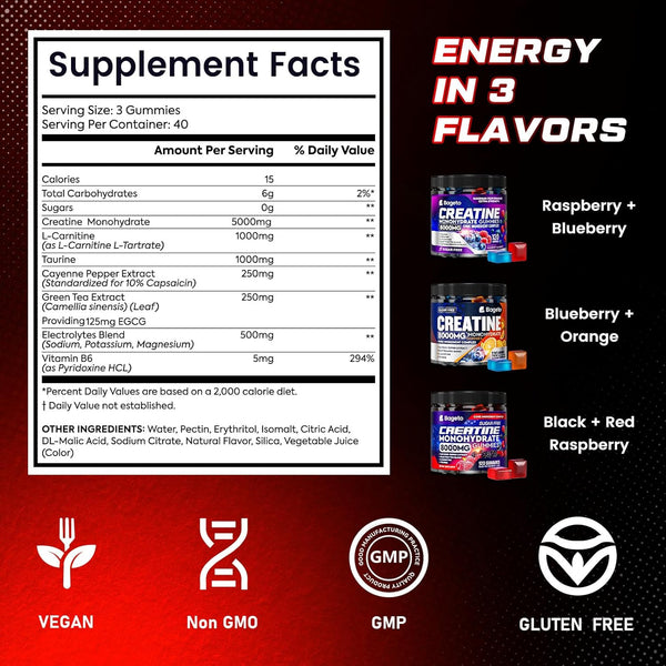 Bageto Creatine Monohydrate Gummies Complex – 120 Gummies (BlackBerry & Raspberry) | Sugar-Free Creatine + Taurine & Electrolytes for Strength, Recovery & Energy