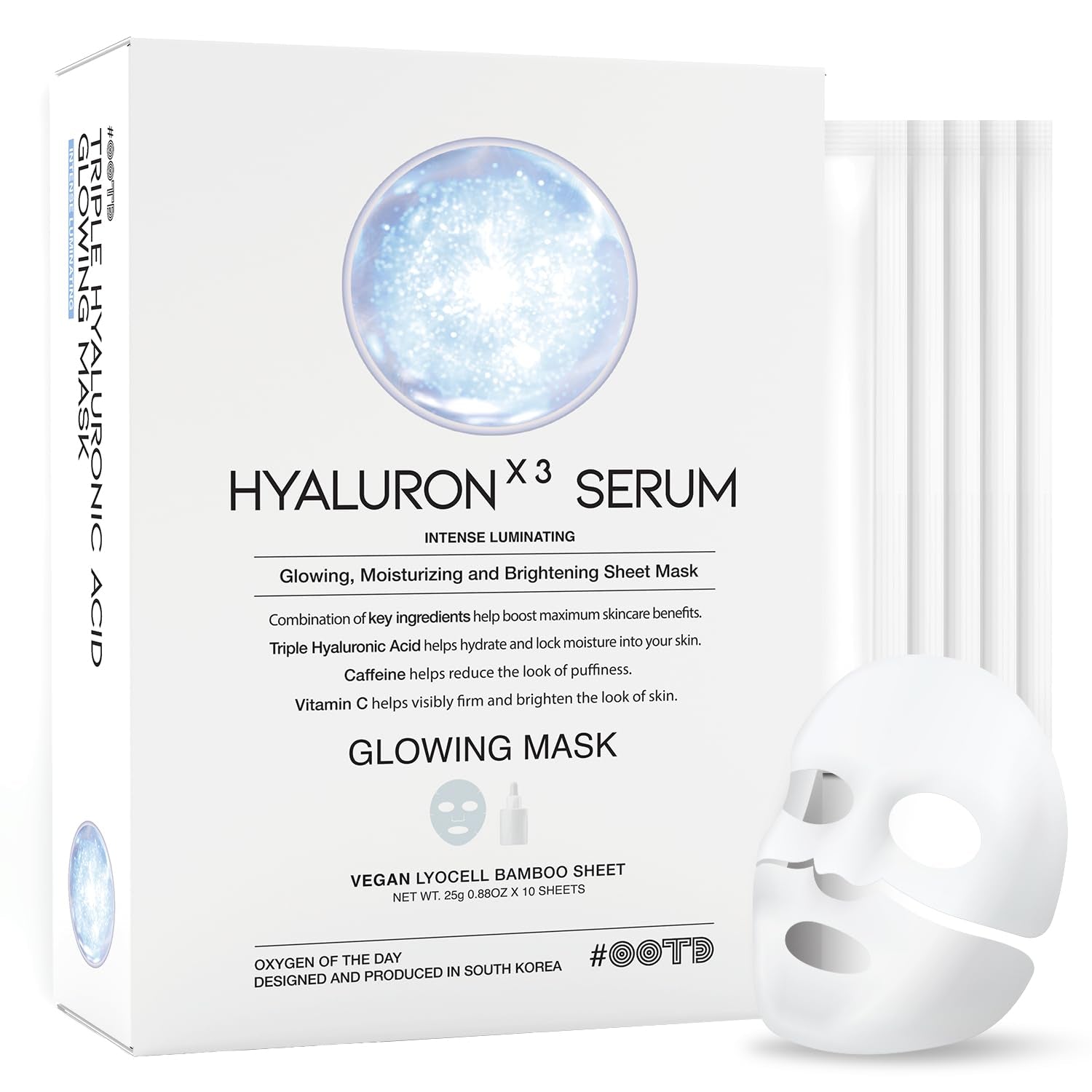 Triple Hyaluron Hydrating Mask for Dry and Sensitive Skin, anti Aging, Tightening and Moisturizing, Korean Vegan Beauty, Hyaluronic Acid, Caffeine, Vitamin C 10EA
