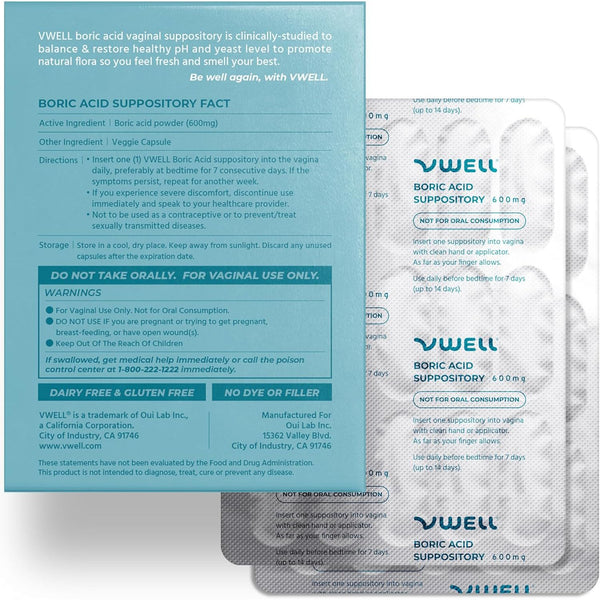 VWELL Boric Acid 600mg – 30 Vaginal Suppositories x 2 Packs | pH Balance & Odor Control