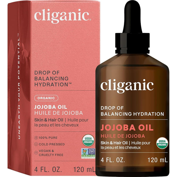 Cliganic Organic Jojoba Oil – 120ml | 100% Pure Cold-Pressed Moisturizer for Face, Hair & Body