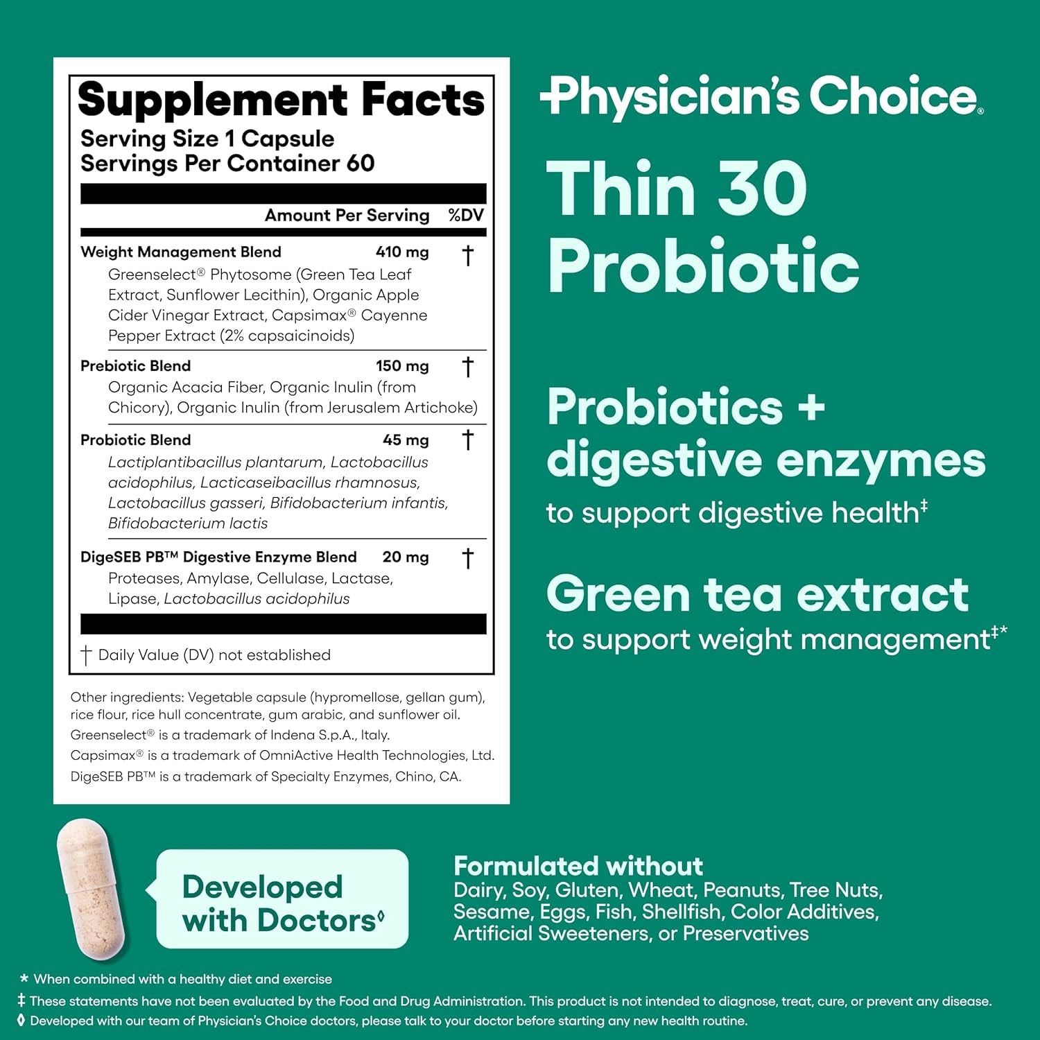 Physician's CHOICE Probiotics for Weight Management – 60 Capsules | Supports Gut Health, Bloating & Fat Metabolism with Cayenne, Green Tea & Prebiotics