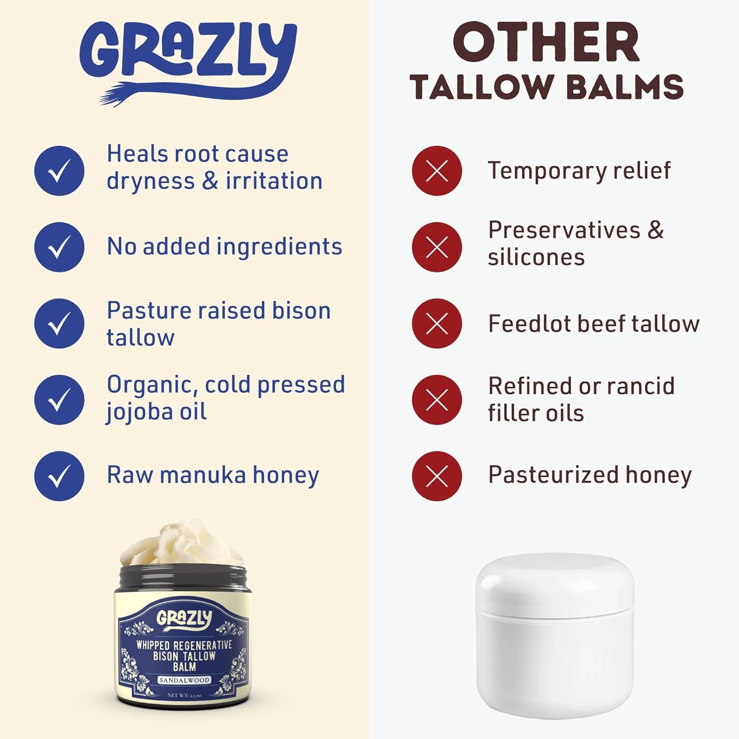 Grazly Whipped Regenerative Bison Tallow Balm (Sandalwood) – 71g | Deep Hydration & Skin Nourishment