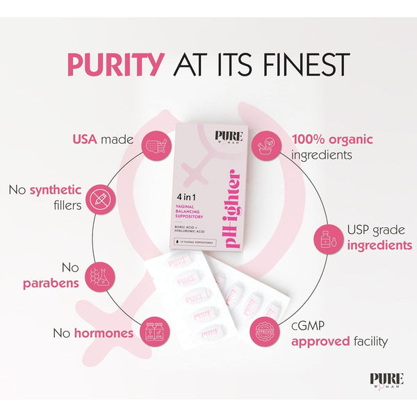PURE WOMAN Ph-Ighter 10 Vaginal Boric Acid Suppositories for Women with Hyaluronic Acid - 4 in 1 Vaginal Suppositories for Discomfort, Dryness, Odor & Ph Balance for Women - Full Vaginal Health Care