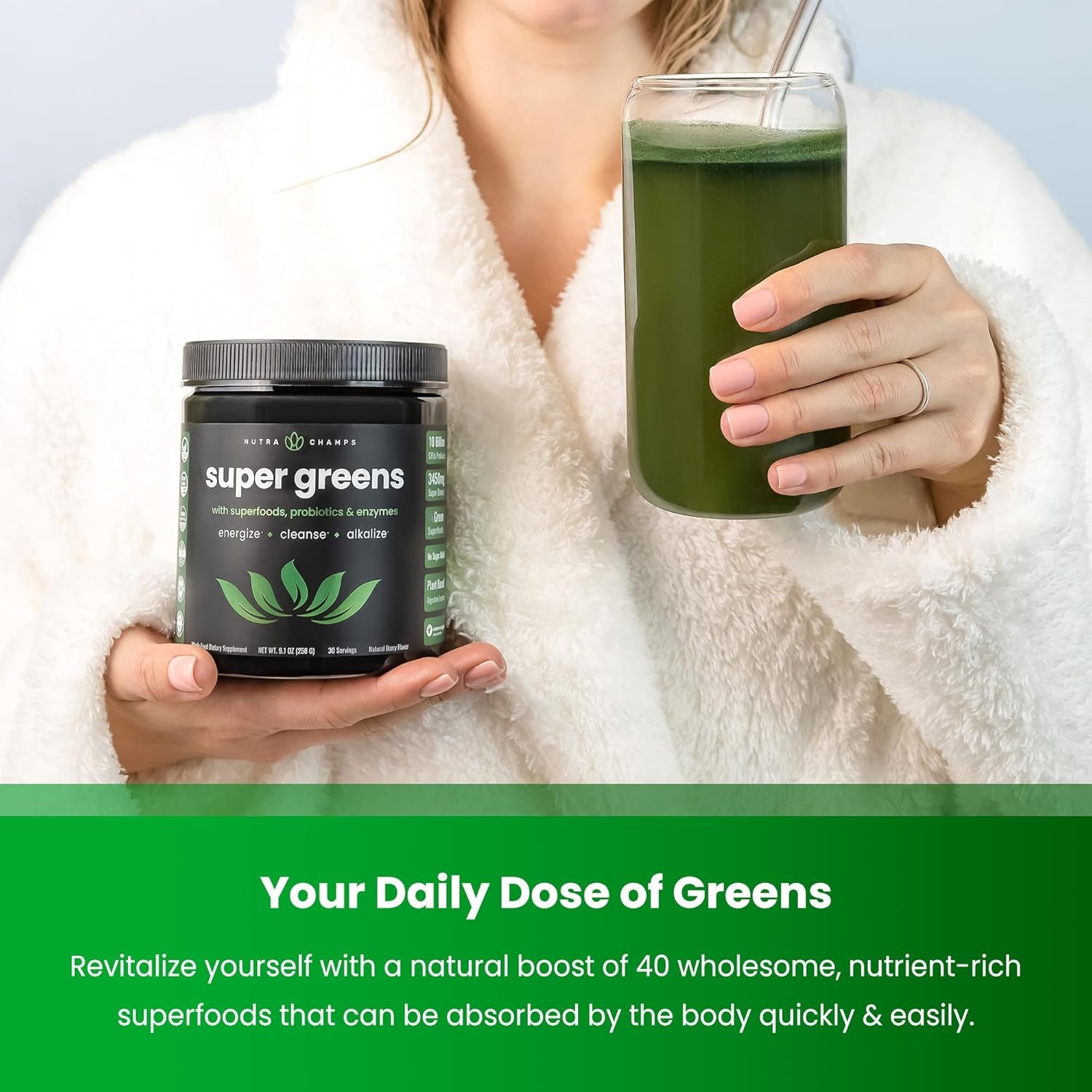 NutraChamps Super Greens Powder | Natural Berry Flavor – 258g, 30 Servings | 40+ Nutrients & Probiotics