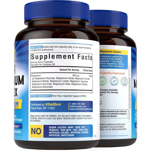 Vitalibre 10 in 1 Magnesium Comple  420Mg Elemental Magnesium 120 Vegan Capsules
