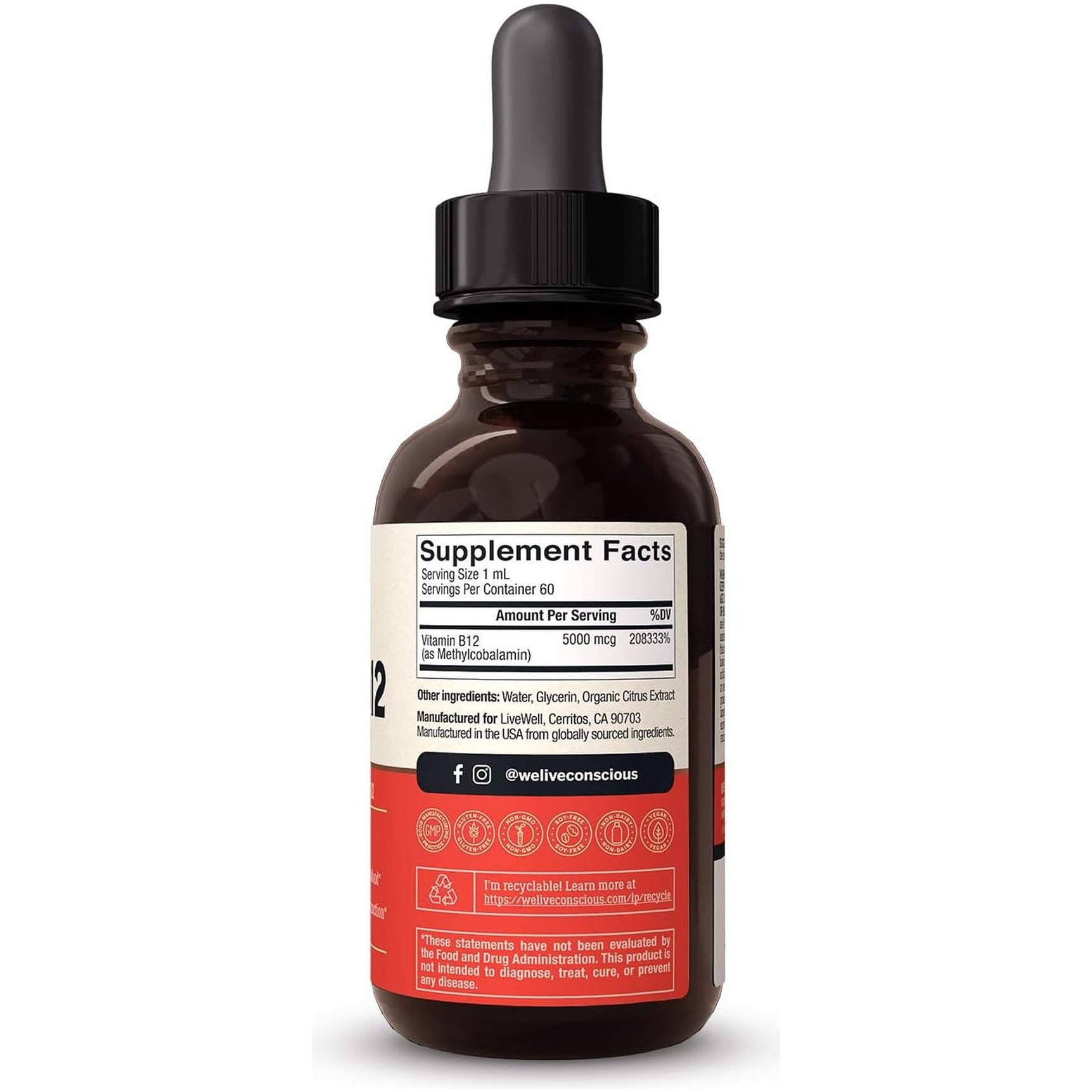 Live Conscious Vegan B12 – 60ml | Fast-Absorbing Energy & Immune Support with Methylcobalamin (5000mcg)
