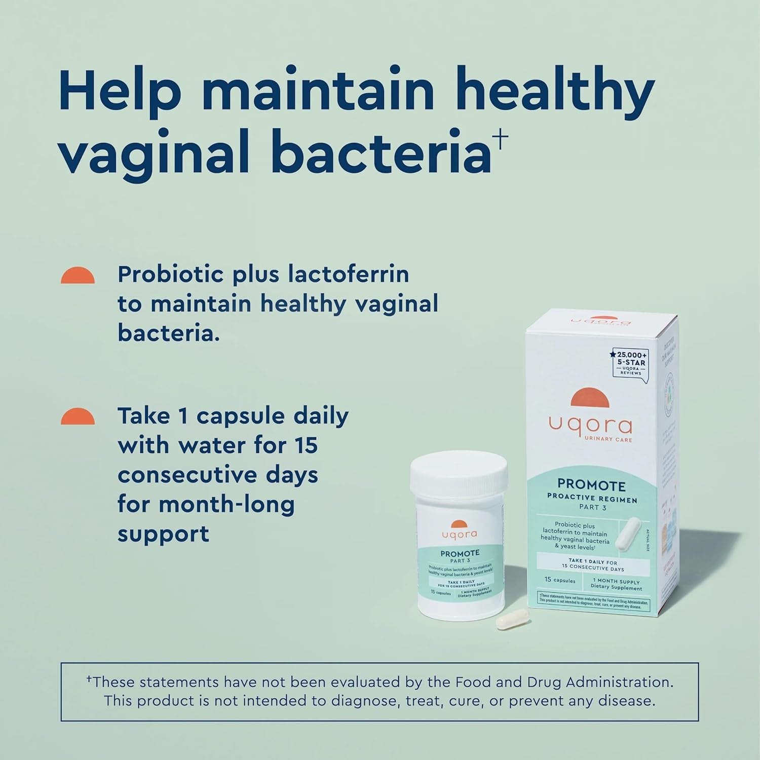 Uqora Promote – 15 Capsules | Probiotic Vaginal Health Support with Lactoferrin & Lactobacillus Strains