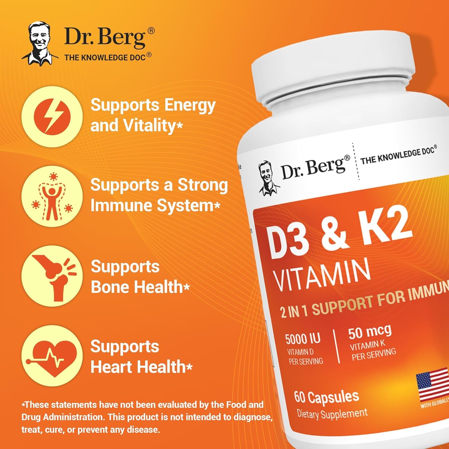 Dr. Berg Nutritionals D3 & K2 Vitamin – 60 Capsules | Immune, Bone & Heart Health Support