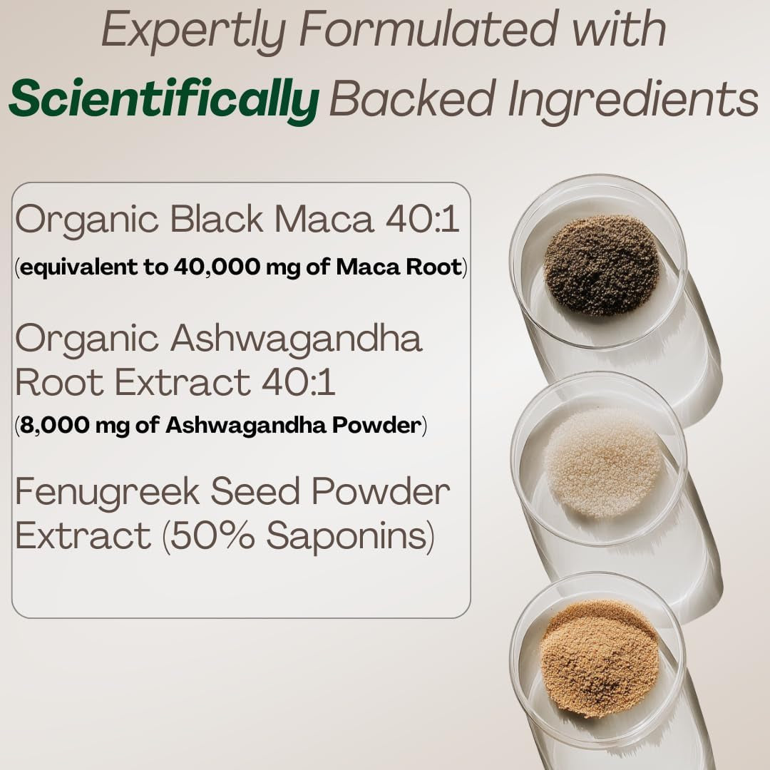 MACAPLUS+ Black Maca Root + Ashwagandha + Fenugreek - #1 Highest Potency Black Maca Root 40,000Mg 40X Strength Organic Capsules for Men and Women Supplement 100% Pure Maca Peruana 40:1 Powder Pills