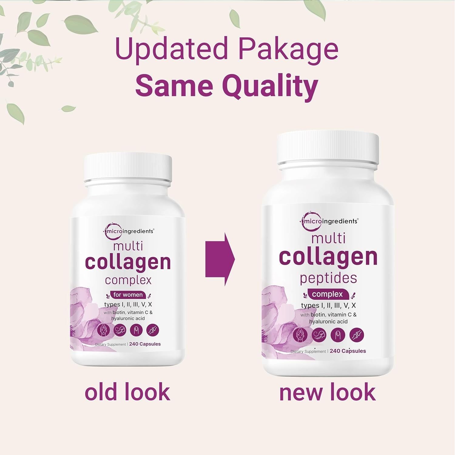 Micro Ingredients Multi-Collagen Peptides Complex – 240 Capsules | 5 Types of Collagen + Hyaluronic Acid & Biotin